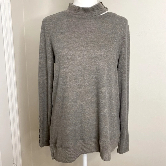 Democracy Mock Neck Cut Out Button Long Sleeve Gray Taupe Super Soft Sweater S - Picture 1 of 9